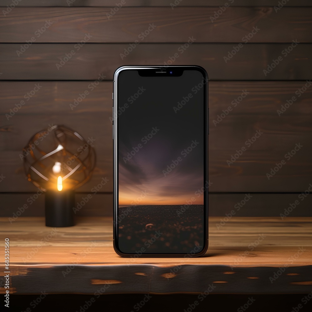 black smartphone mockup on wooden table, AI generative black smartphone mockup on wooden table, AI generative