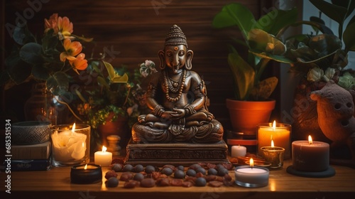 A tranquil meditation space with a small Ganesh statue on a wooden shrine, surrounded by flickering candles.