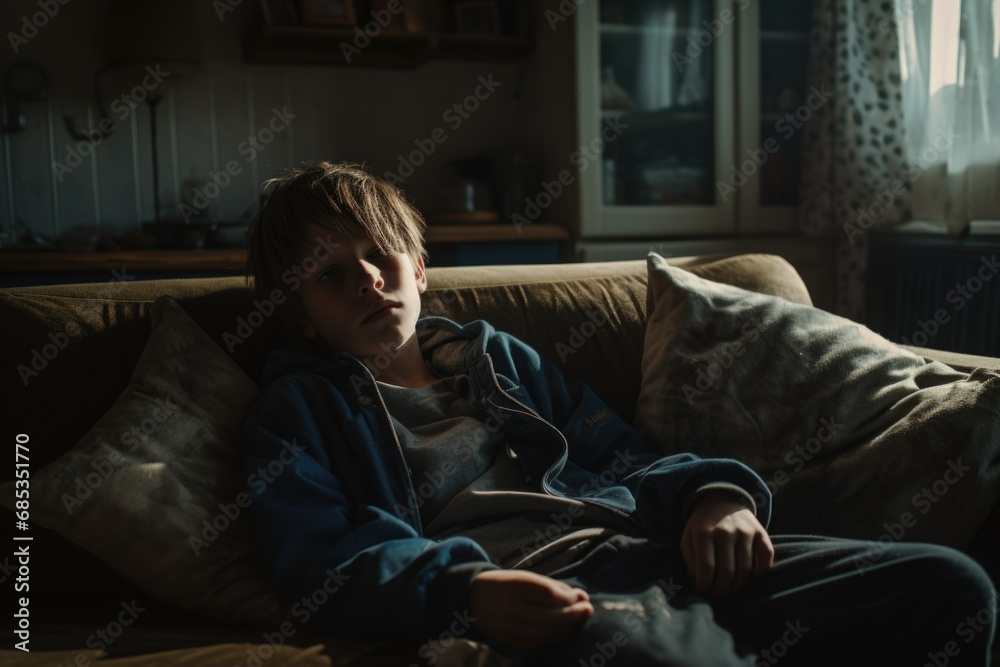 A depressed child on the couch at home A depressed child on the couch at home