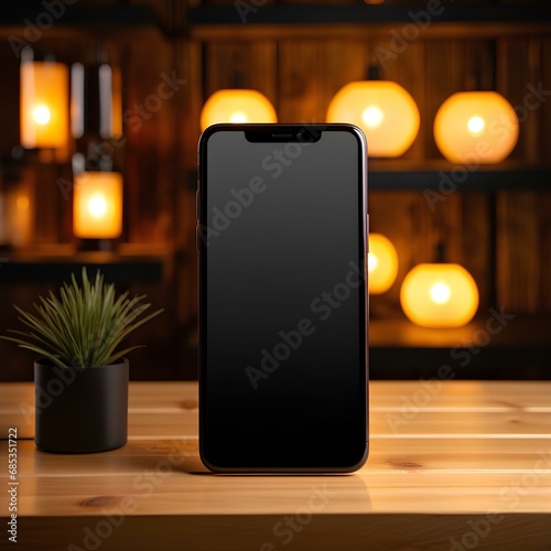 black smartphone mockup on wooden table, AI generative