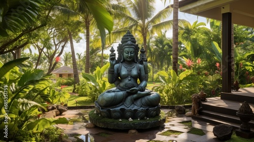 A tranquil yoga retreat center with a serene outdoor Ganesh sculpture  providing an ideal space for inner peace and meditation.