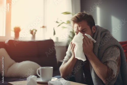 A sick man with a cold blowing his snot