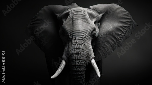  a black and white photo of an elephant with tusks and tusks on it's ears. © Olga