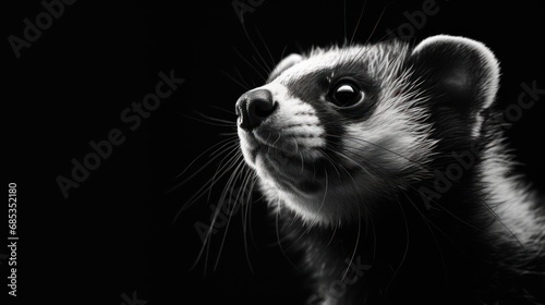  a black and white photo of a ferret looking up at the camera with its mouth open and eyes wide open. © Olga