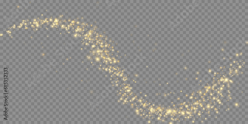 The light of gold dust. bokeh light effect background png. Christmas glowing dust background. Yellow flickering glow with confetti bokeh light and particle motion