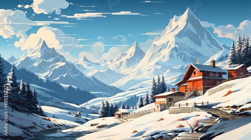 A painting of a house in the mountains.