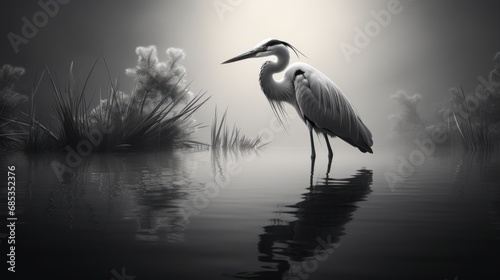  a black and white photo of a large bird standing in a body of water with reeds in the background. © Olga