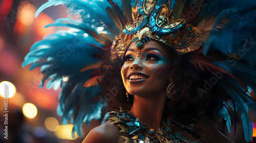 Carnival in Rio de Janeiro. A Brazilian woman, a beautiful dancer in a carnival costume with a bright festive makeup.
