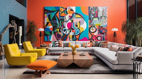A vibrant living room with bold, colorful wall paintings that energize the space. © Mustafa_Art