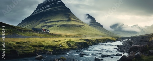 Traditional iceland landscape with house, black sand green lava landscape. Generative ai
