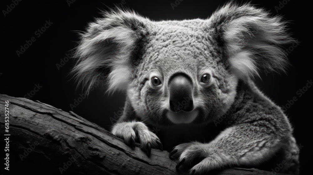 a black and white photo of a koala sitting on a tree branch with it's eyes wide open. a black and white photo of a koala sitting on a tree branch with it's eyes wide open.