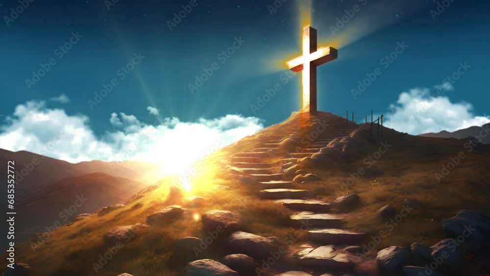 Shining Christian cross on top of the hill. Easter, Christian Religion Symbol Animated Concept background -4k Seamless Loop
