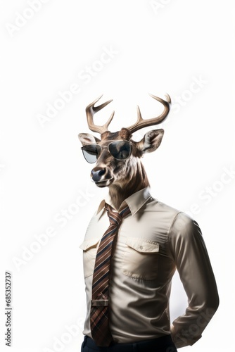 Deer in clothes with large antlers. Business man in a suit and tie with a deer head on a white background.