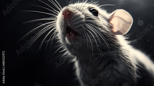  a close up of a gray rat with its mouth open and it's tongue out and it's eyes wide open. © Olga