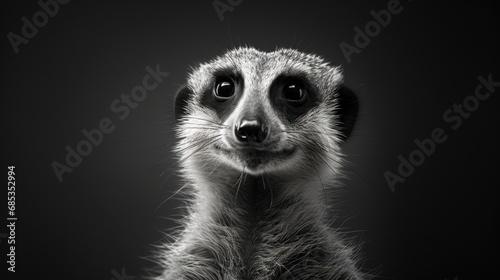  a black and white photo of a meerkat looking at the camera with a sad look on its face. © Olga