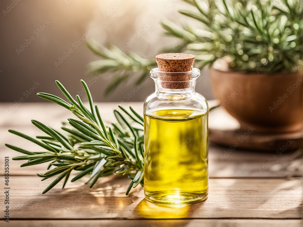 Pure organic essential rosemary oil on wooden table in natural lighting Pure organic essential rosemary oil on wooden table in natural lighting