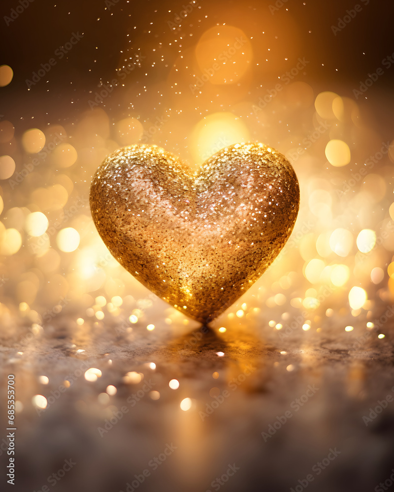 Glitter golden heart on the gorund with sparkles falling off, in the style of light beige and gold. Glitter golden heart on the gorund with sparkles falling off, in the style of light beige and gold.
