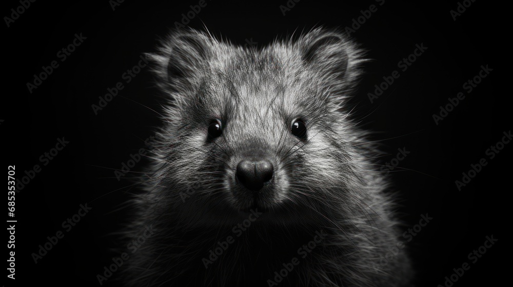 Naklejka premium a black and white photo of a small rodent looking at the camera with a sad look on its face.