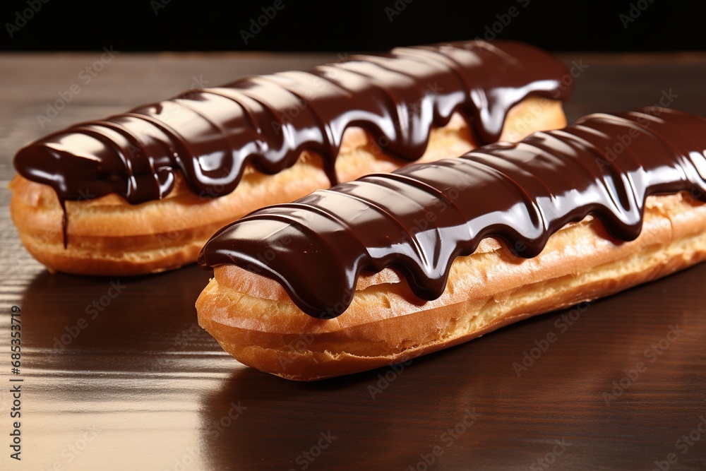 Eclairs with chocolate topping on the table Eclairs with chocolate topping on the table