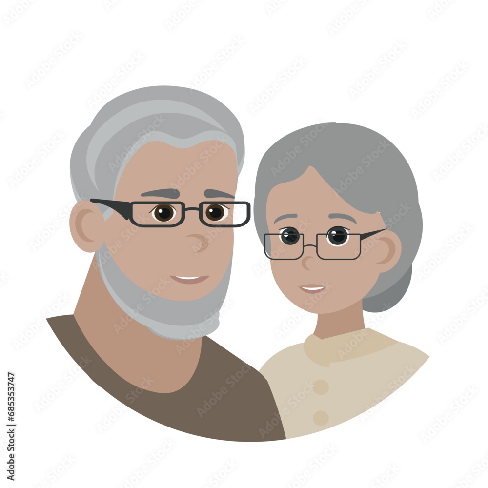Old couple, grandfather and grandmother. grey hair. vector illustration. Flat design. Old couple, grandfather and grandmother. grey hair. vector illustration. Flat design.