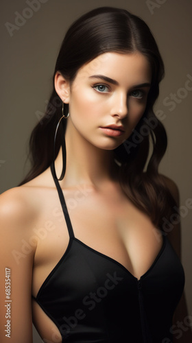 Portrait of a woman wearing a sleek black lingerie top, embodying a blend of sophistication and futuristic style.