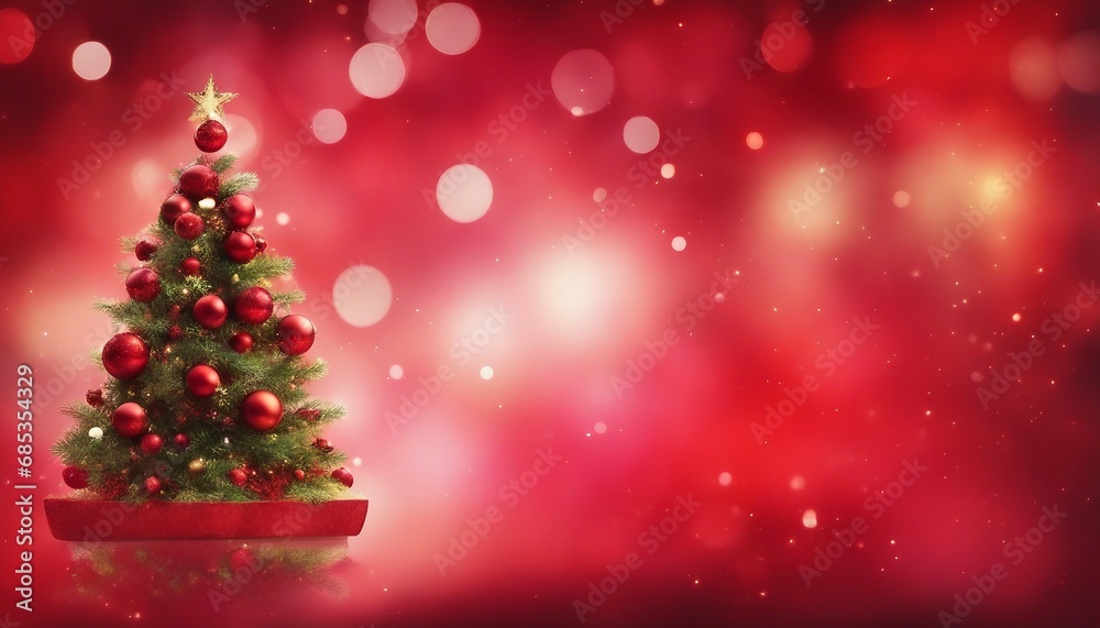 Christmas Tree In Red Shiny Background - Ornaments On Fir Branches With Glittering And Defocused copy space Christmas Tree In Red Shiny Background - Ornaments On Fir Branches With Glittering And Defocused copy space