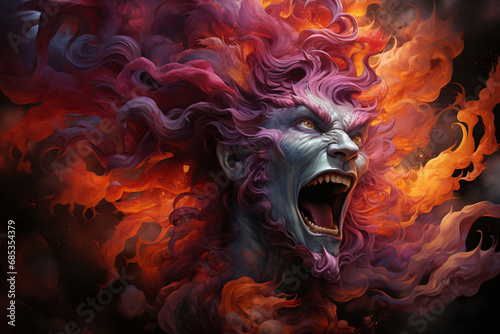 the human soul is in hell. illustration, red-purple tones. eternal torment in the fiery gehenna.