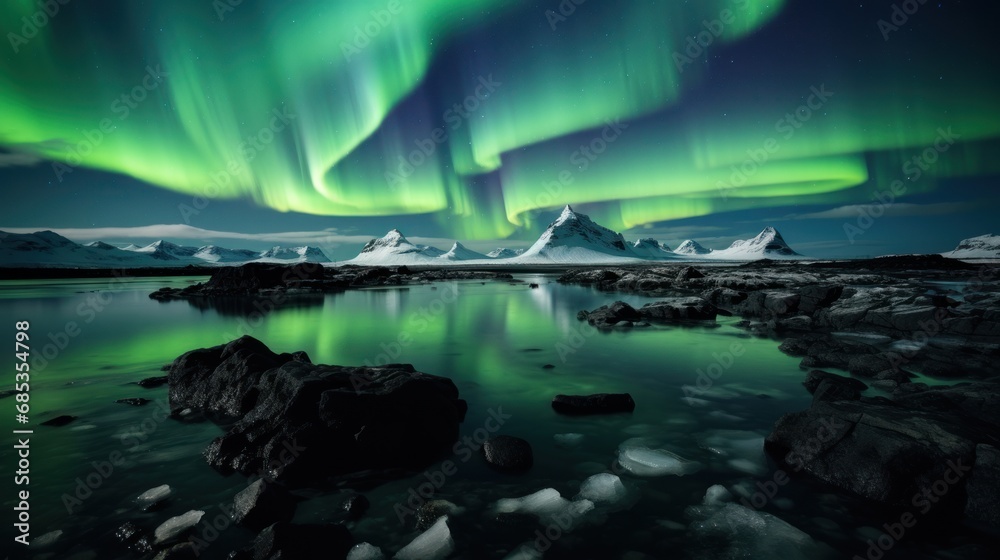  the aurora bore is reflected in the still water of a lake surrounded by snow capped mountains and snow - capped peaks.