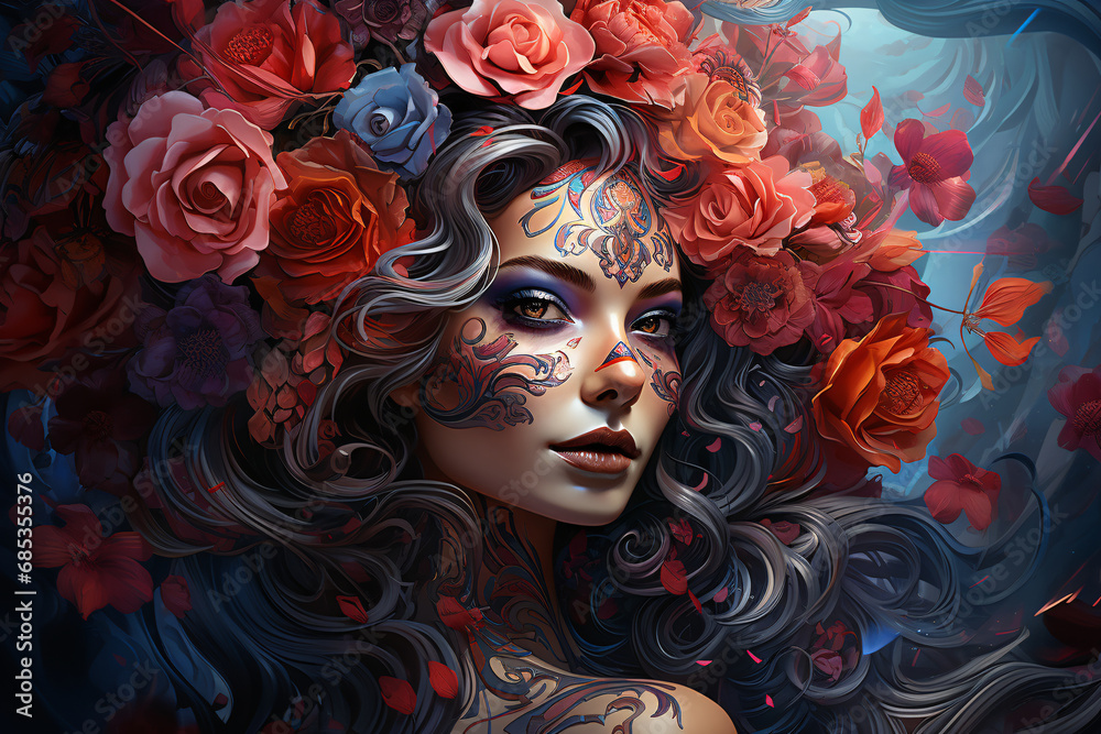 Mexican day of death. a girl with a festive makeup and flowers in her hair. El Dia de Muertos. Mexican day of death. a girl with a festive makeup and flowers in her hair. El Dia de Muertos.
