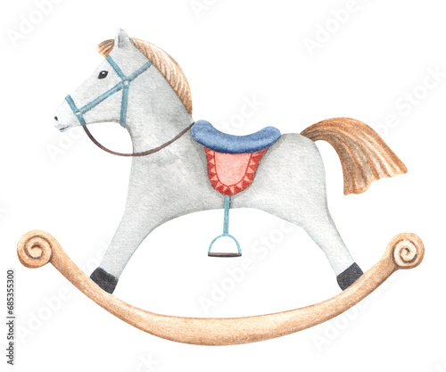 Vintage style cute toy rocking horse with red saddle and bridle isolated on transpatent background. Watercolor hand drawn illustration of children's room decoration, not AI.