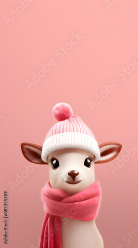 Cute baby deer wearing a pink scarf and hat on a pink background. Minimalism 