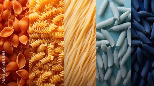  a group of different types of pasta on a blue and orange background and a blue and white background with different types of pasta on a blue and white background.
