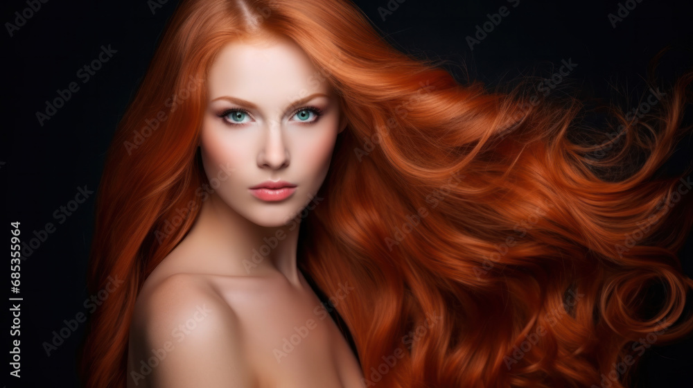 Fototapeta premium Beautiful woman with long wavy coloring hair on black background.