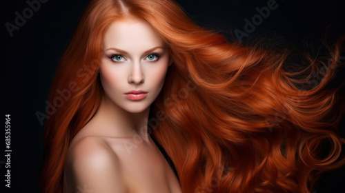 Beautiful woman with long wavy coloring hair on black background.