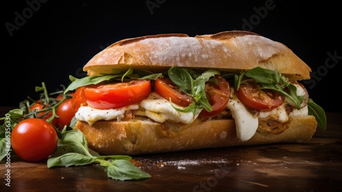  a sandwich with tomatoes, lettuce, cheese, and other toppings on a piece of bread on a table.