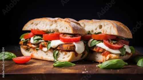  a cut in half sandwich sitting on top of a wooden cutting board with tomatoes and cheese on top of it.