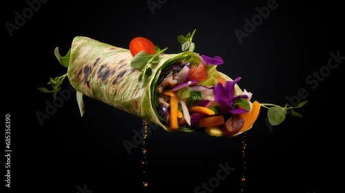  a burrito filled with lots of different types of veggies and sauces on top of a black background.
