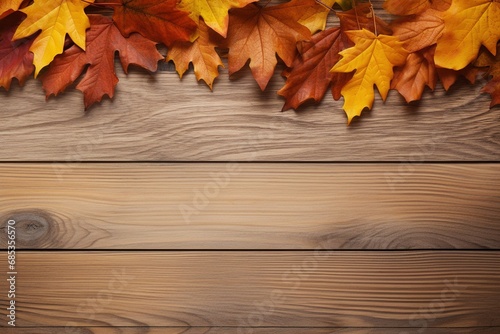 Autumn leaves frame on wooden background top view. Fall Border yellow and Orange Leaves vintage wood table Copy space. Mock up for your design.