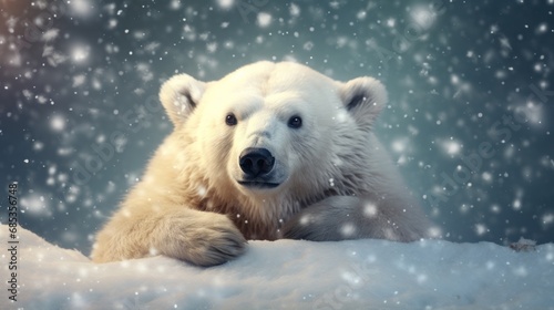  a large white polar bear sitting on top of a snow covered ground with snow flakes on it's face. © Olga
