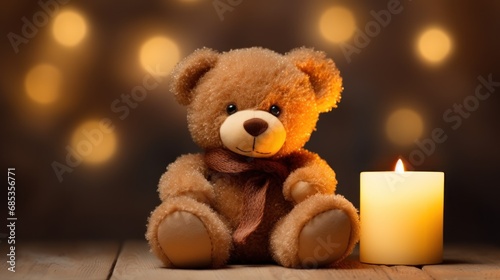  a teddy bear sitting next to a lit candle on a wooden floor with boke lights in the back ground. © Olga