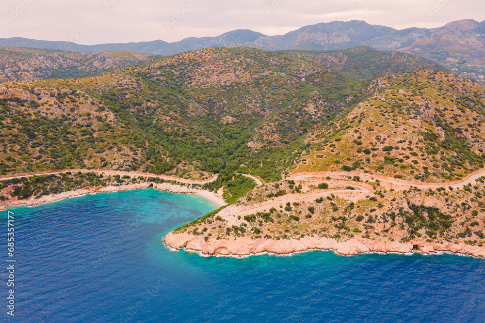 Aerial of Aegean sea coast of Datca peninsula in Turkey