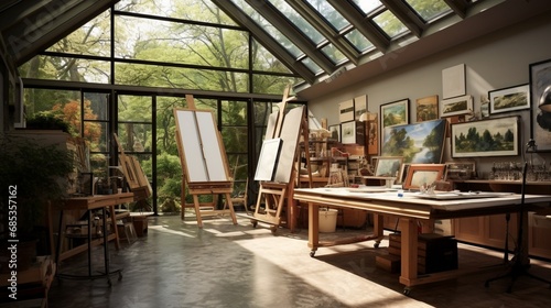 An art studio with a skylight ceiling for natural illumination, perfect for creative endeavors.