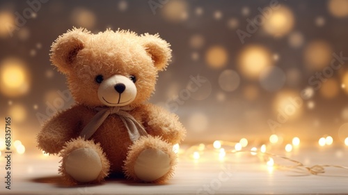  a brown teddy bear sitting on top of a wooden floor next to a string of lights and a string of lights behind it.