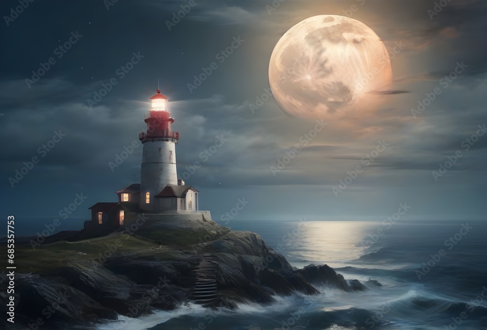 A lighthouse overlooking the sea with a big moon