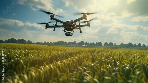 An autonomous drone surveying a vast agricultural field  optimizing crop yields.