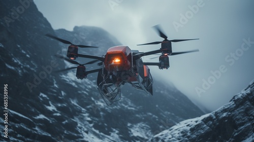 An autonomous rescue drone saving lives during a daring mountain rescue mission.