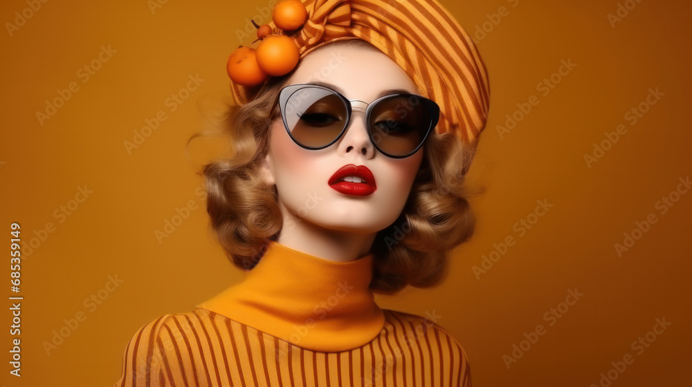Closeup portrait smiling cheerful happy young pin up woman making heart sign with hands isolated orange wall background. Positive human emotion expression feeling life perception attitude body