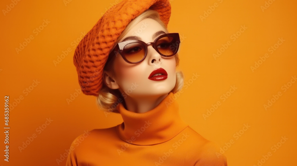 Closeup portrait smiling cheerful happy young pin up woman making heart sign with hands isolated orange wall background. Positive human emotion expression feeling life perception attitude body