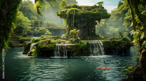 Waterfall on an Fantasy Island. Generative Ai
