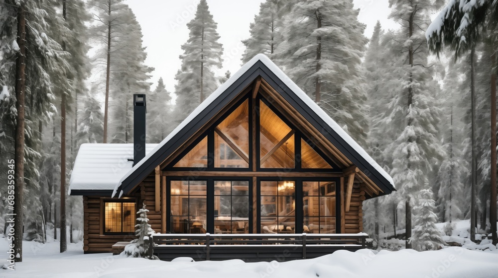 Cozy cabin nestled in a snowy forest, with dark wooden panels, white snow, and a chimney emitting smoke. Warm fireplace, soft lighting, and inviting interior create a comforting atmosphere Cozy cabin nestled in a snowy forest, with dark wooden panels, white snow, and a chimney emitting smoke. Warm fireplace, soft lighting, and inviting interior create a comforting atmosphere